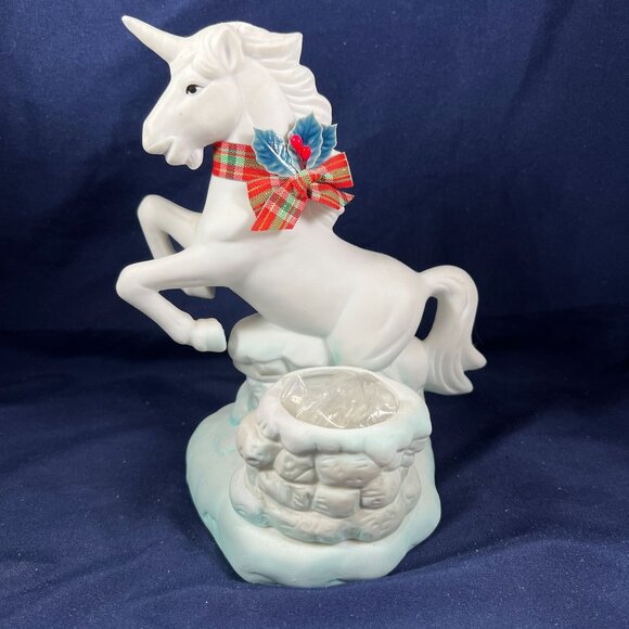 Vintage Unicorn Ceramic Votive Candle Holder With Holiday Bow 1980s Christmas De - Picture 3 of 7